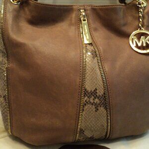 Michael Kors, Elegant, Taupe & Tan Snake Skin & Leather,  Excellent Condition